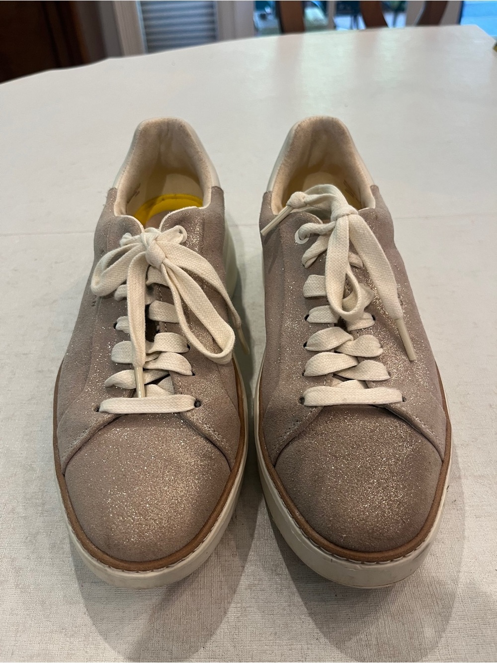 Cole Haan Glittery Taupe Lace-Up platform style Sneakers. Very chic!